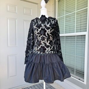 New Antonio Melani Black Embroidery Lelour Taffeta Mock Neck Long Sleeve Dress